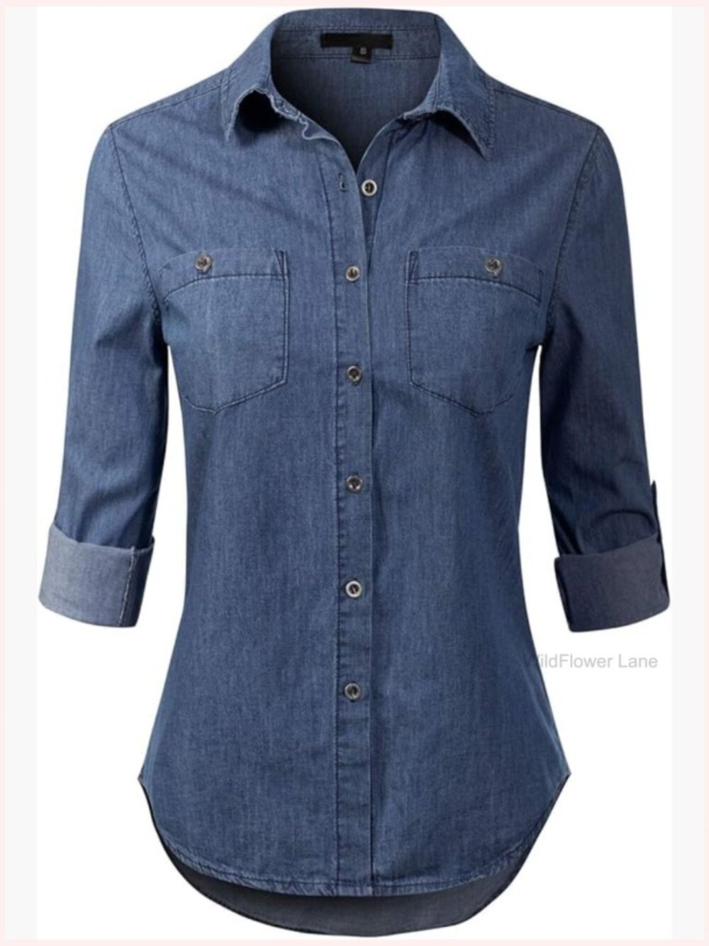 Women's Classic Roll Up Sleeve Button Down Chambray Denim Shirt
